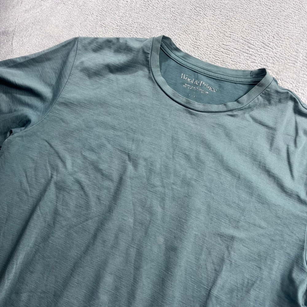 Wool & Prince Mens Merino Wool Blend Short Sleeve Crew Neck T-Shirt Blue Green L